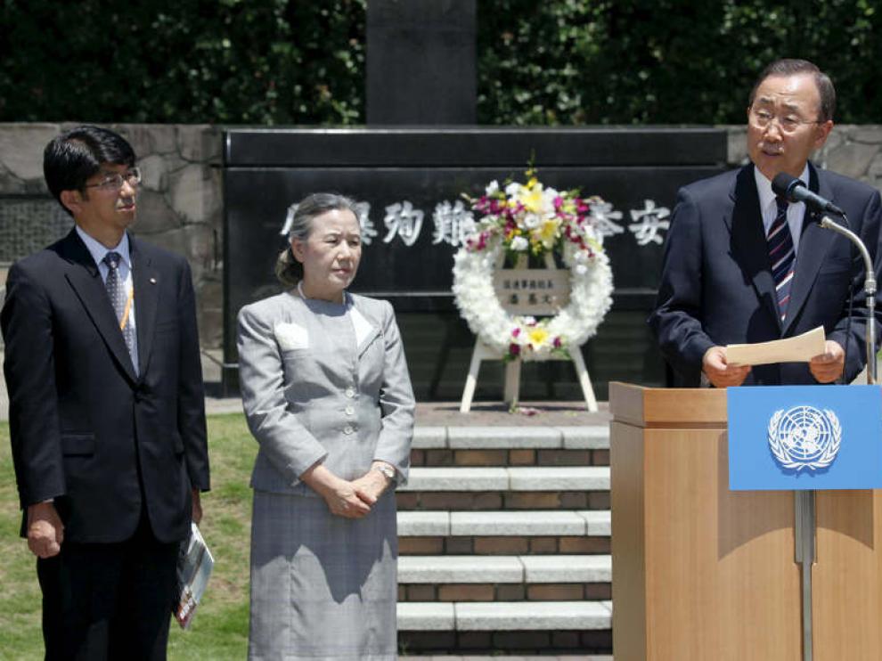 El secretario general de Naciones Unidas Ban Ki-moon pronuncia un discurso en Nagasaki