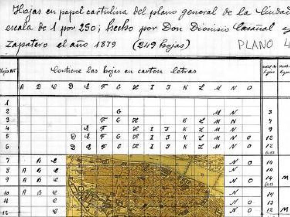 Plano general de 1879. Es el trabajo pormenorizado de Dionisio Casañal. En la imagen se aprecia la guía, que se despliega en 249 cartografías detalladas.