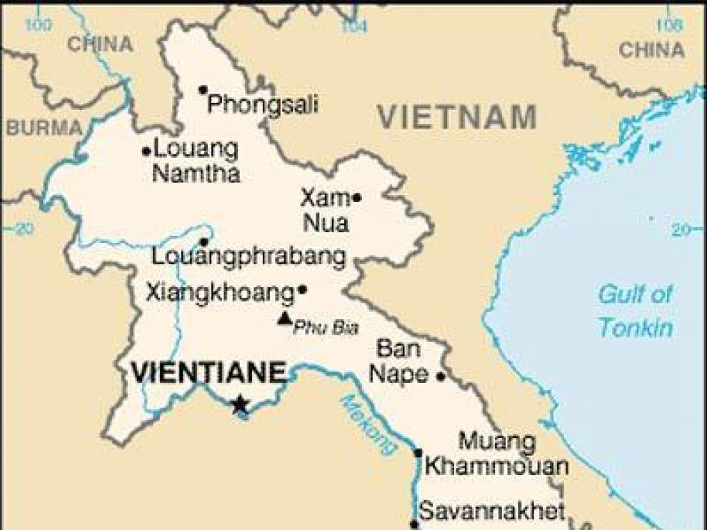 Mapa de Laos. Marcado en rojo, el lugar aproximado del accidente.