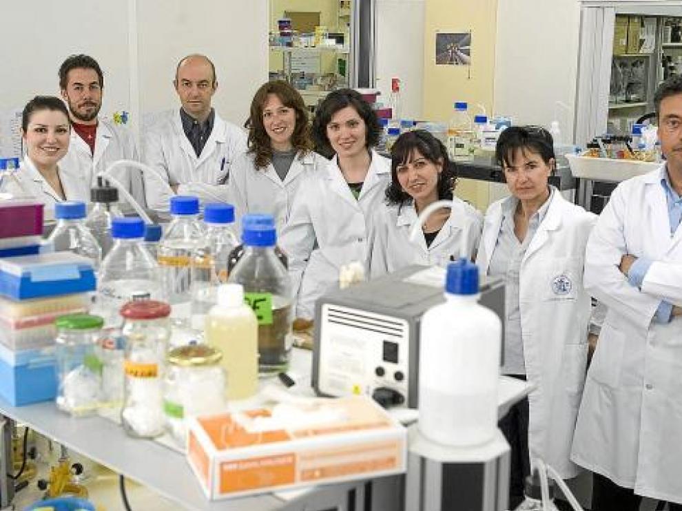 Carlos Martín (dcha.), con su equipo, en la Universidad de Zaragoza.