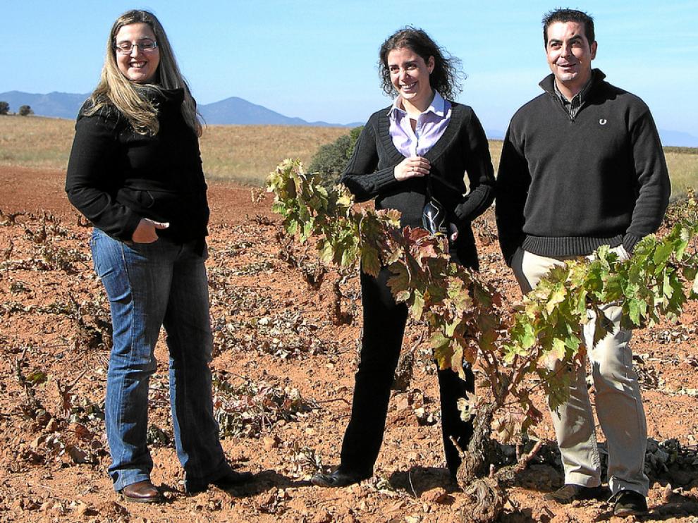 Patricia Recio, Ana Becoechea y Luis Vivas, en la viña de uva Cariñena de la que sale el Clave de Sol.