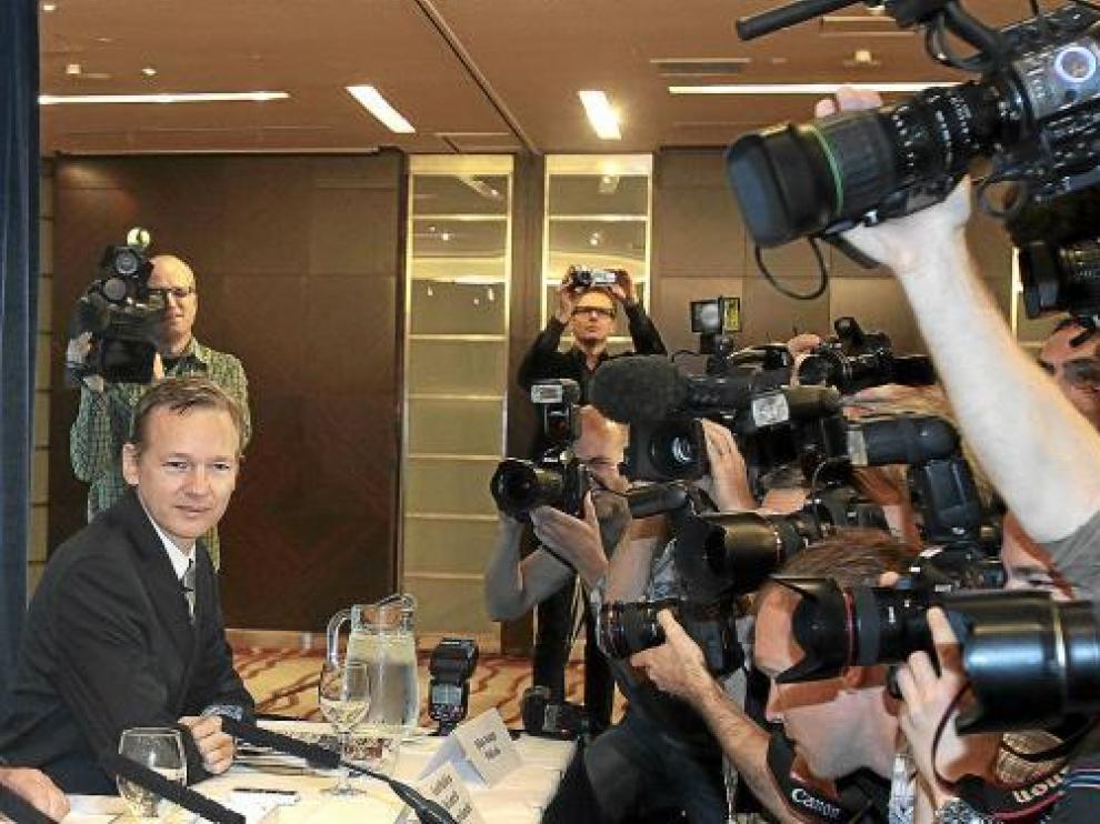 Julian Assange, en su comparecencia pública en un hotel londinense, el pasado sábado.