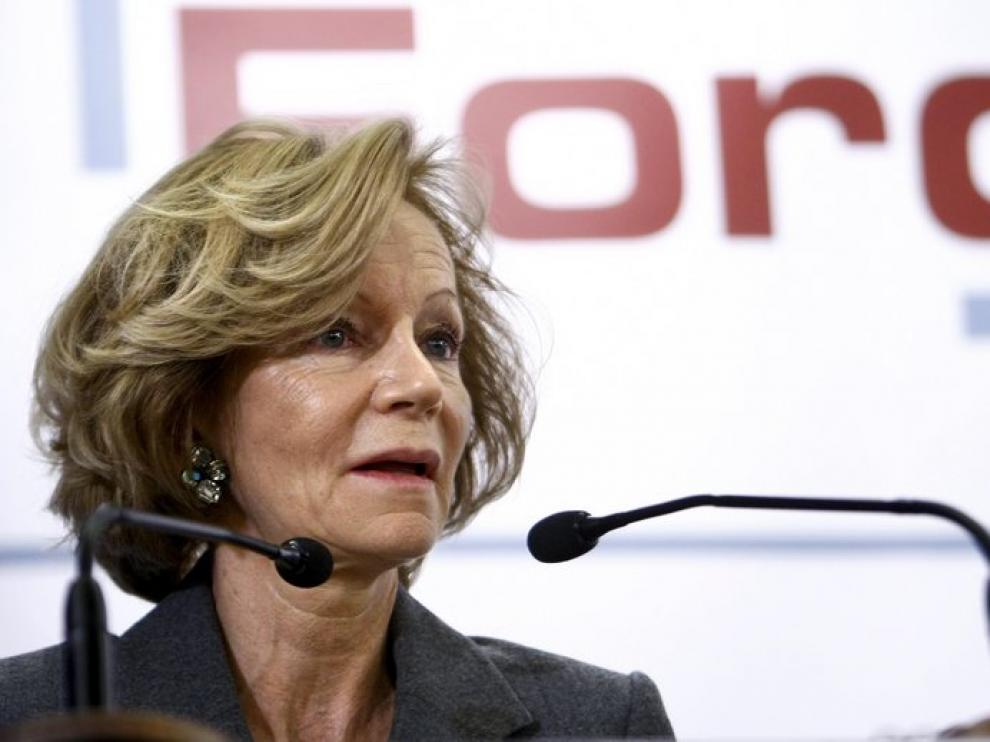 La ministra de Economía Elena Salgado, hoy en Madrid, durante su intervención en el Foro Cinco Días