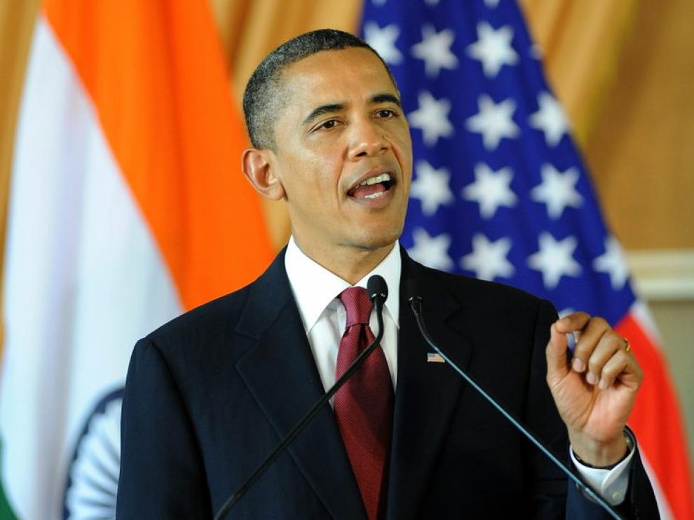 Barack Obama durante su intervención en Nueva Delhi, esta mañana