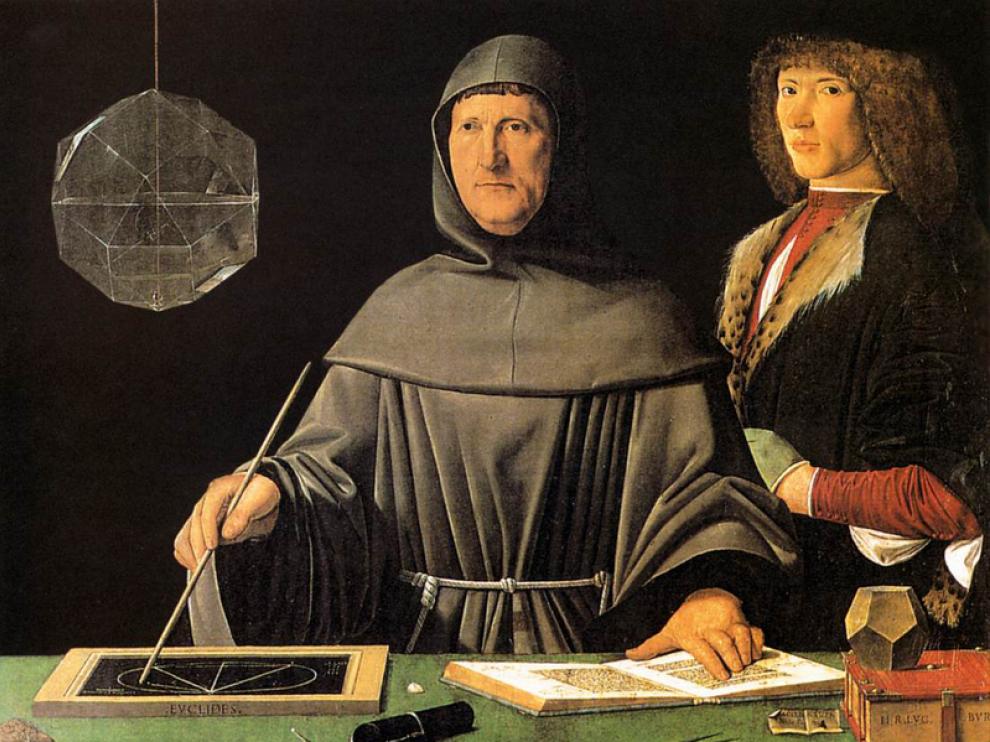 En esta obra de autor desconocido, el matemático Luca Pacioli se acompaña de un joven cuya identidad también es un misterio