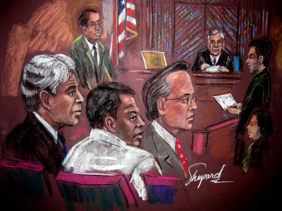 Ilustración en la que aparece el acusado, durante el juicio