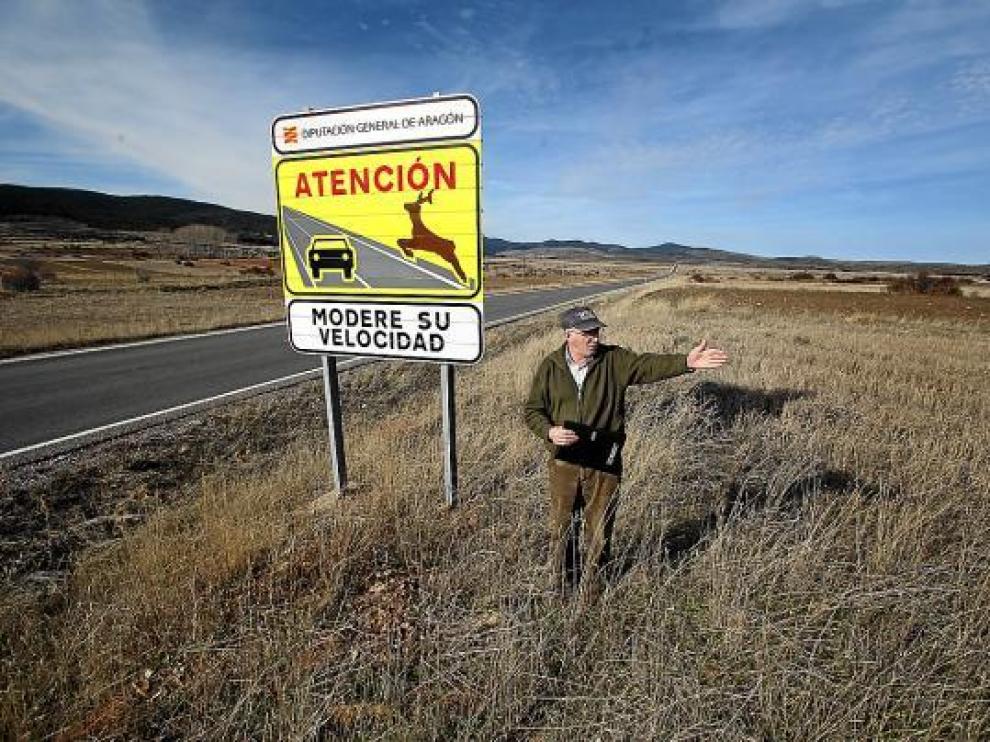 El alcalde de Bronchales, Baldomero Pérez, indica de dónde vienen los ciervos a la carretera.