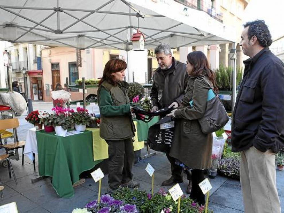 Marina Sevilla y Fernando Lafuente entregan bolsas ecológicas en el puesto de Atades Flor.