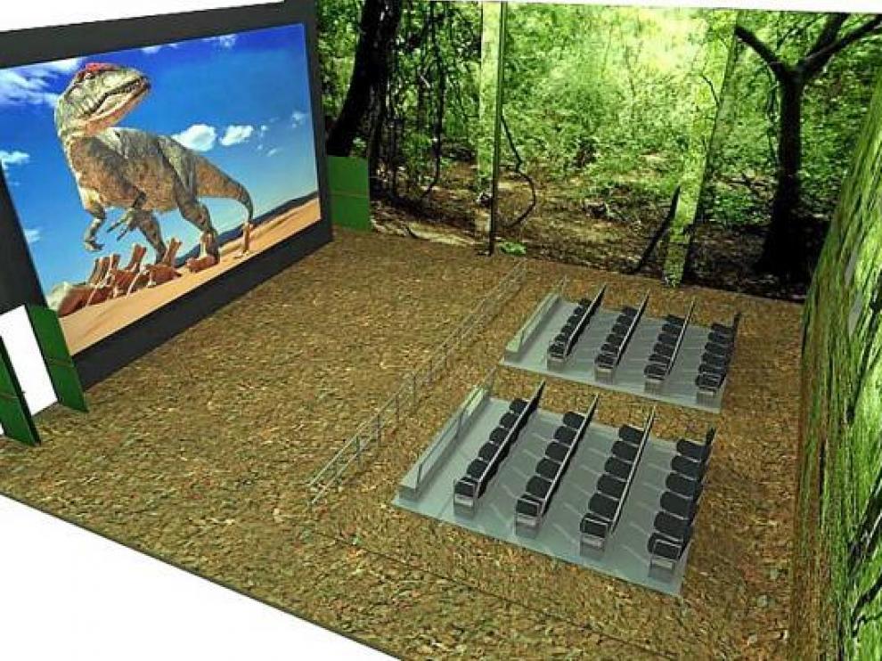 Recreación infográfica de la sala del futuro simulador virtual de Dinópolis.