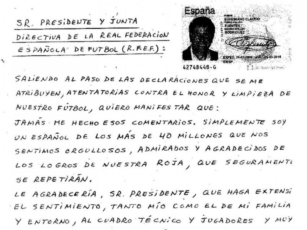 Carta enviada a Villar por parte de Eufemiano Fuentes.