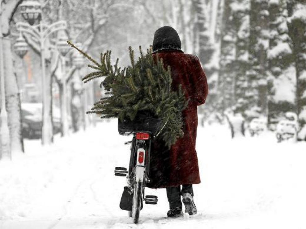 Una mujer transporta en bicicleta un árbol de Navidad a través de un paraje nevado, en Alemania.