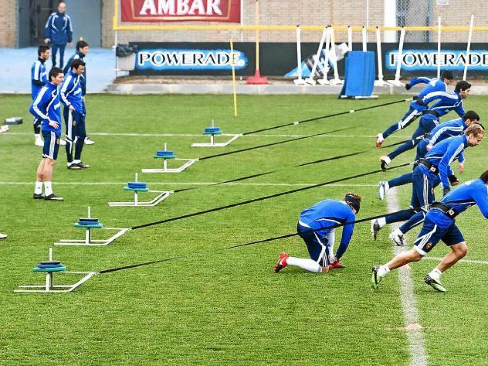 Arrastre de pesos en uno de los entrenamientos de la plantilla zaragocista esta semana.