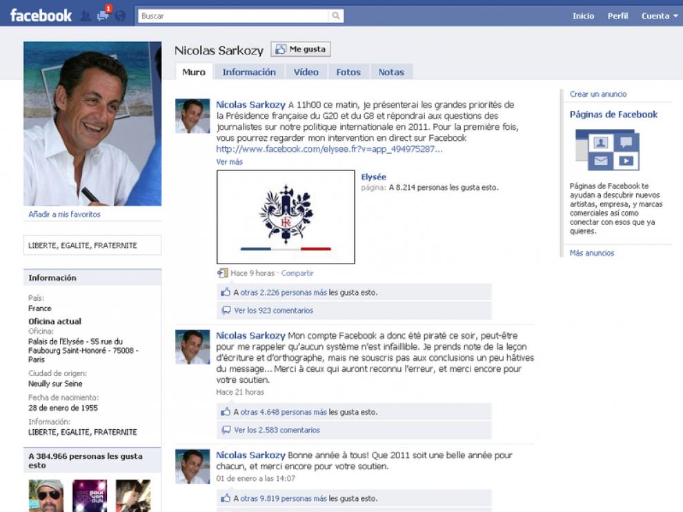 La página de Sarkozy en Facebook.