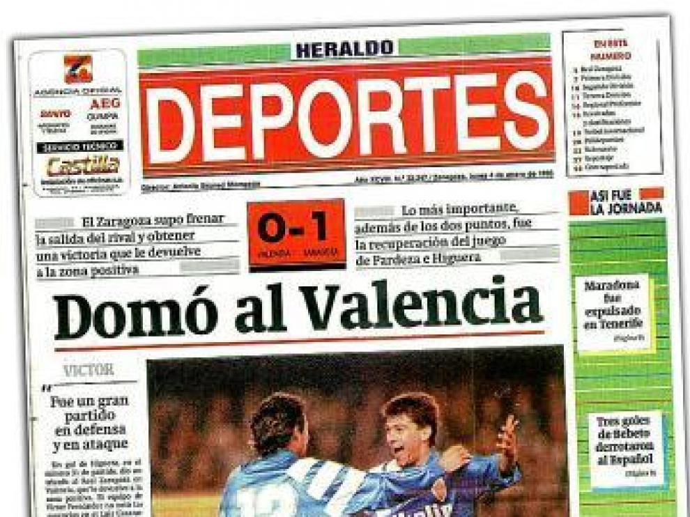 Portada de la sección de deportes de aquel día. En la imagen, Seba (de espaldas) e Higuera celebran el gol de la victoria