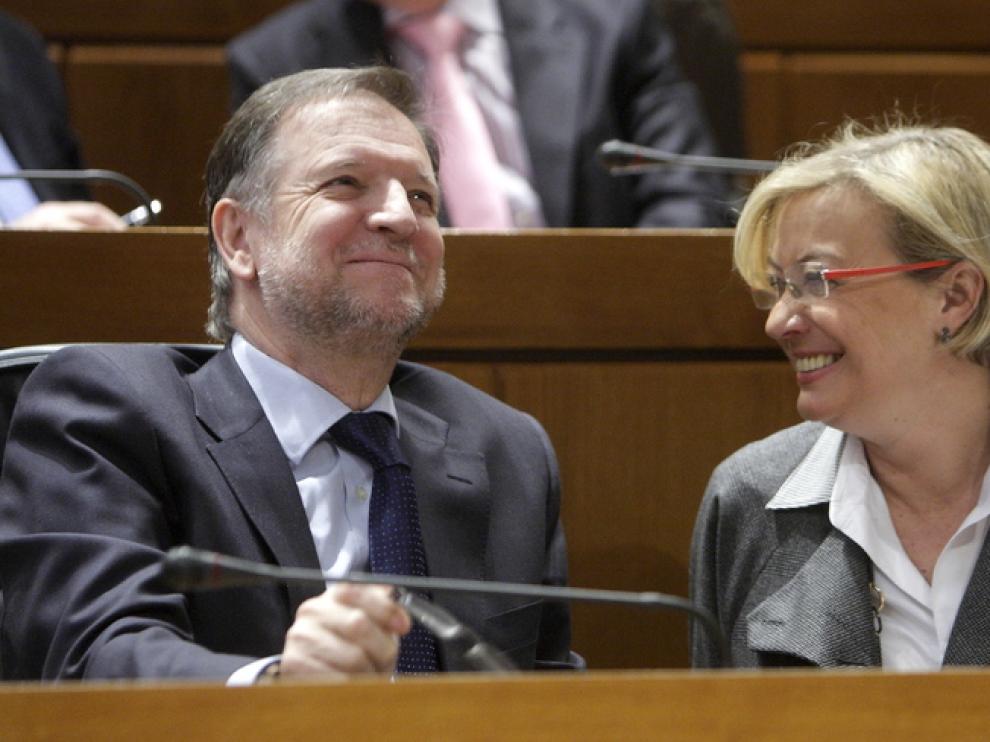 Iglesias y Almunia, relajados, durante el pleno del Congreso