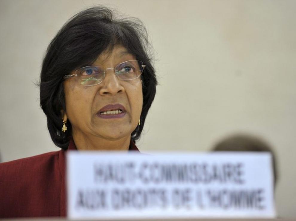 La alta comisionada de Derechos Humanos, Navi Pillay, durante su ponencia sobre Libia en Ginebra