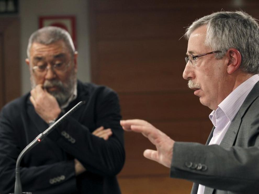 Los secretarios generales de CC. OO., Ignacio Fernández Toxo, y de UGT, Cándido Méndez