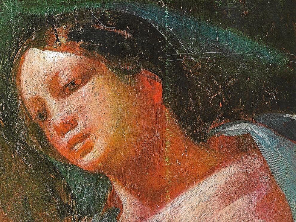 Un detalle de contexto general y un rostro ya nítido, bellamente recuperado: la fuerza femenina y sagrada de las mujeres goyescas.