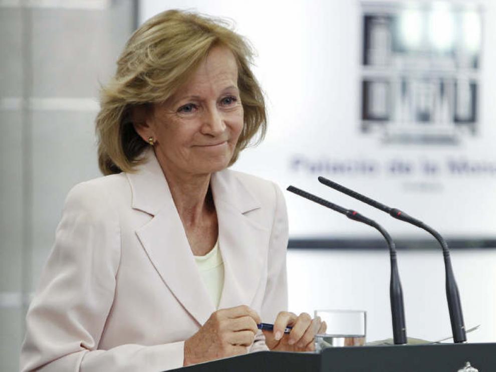 Elena Salgado durante la rueda de prensa en La Moncloa
