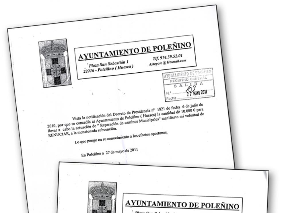 El nuevo equipo de gobierno ha enviado una copia de los tres escritos en los que Rodríguez renuncia a las subvenciones.