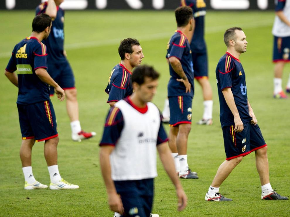 Varios jugadores de la Selección Española, durante el entrenamiento de este jueves