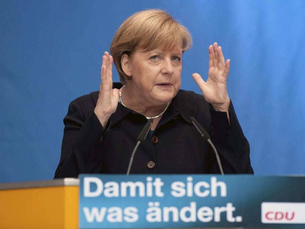 La canciller alemana Angela Merkel durante un acto electoral en Berlín