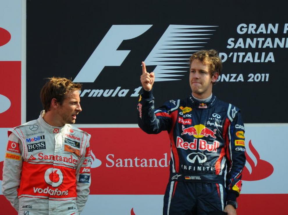 Button, Vettel y Alonso, en Monza