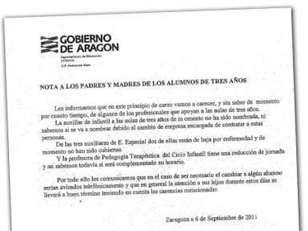 Nota de la DGA a los padres