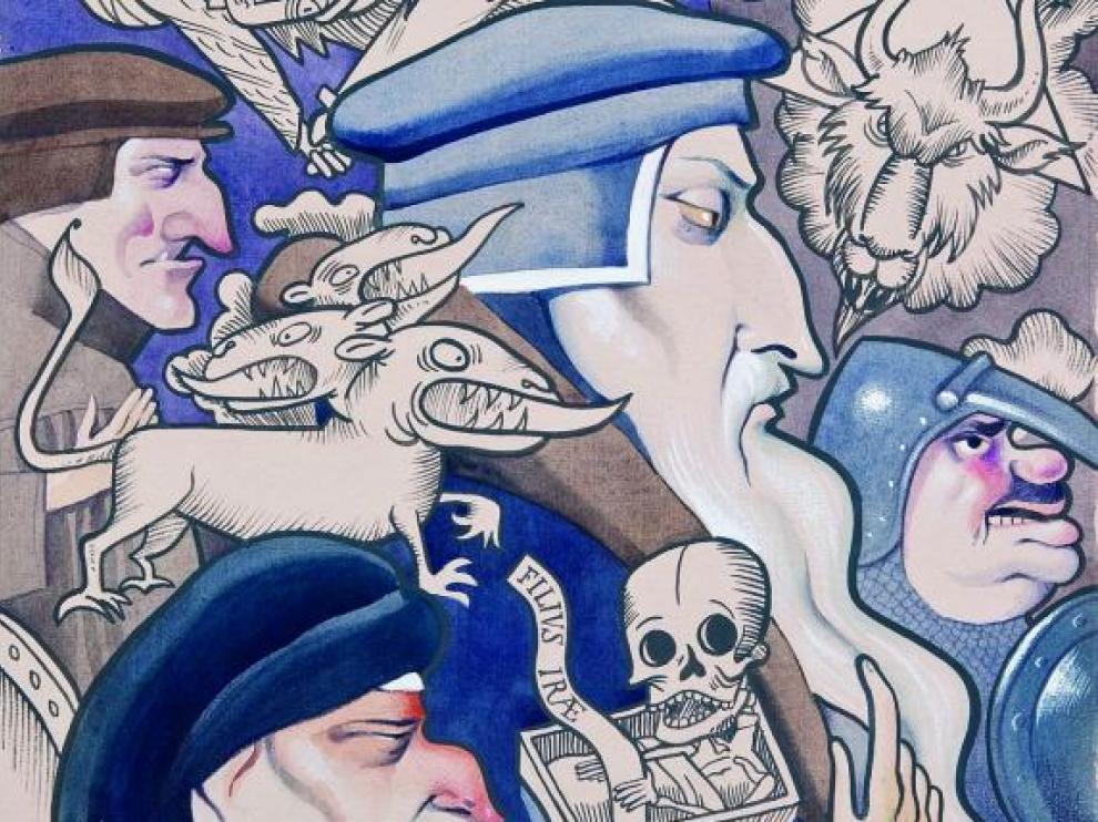 Dibujo de José Luis Cano sobre Servet de la exposición itinerante de DGA e Ibercaja.