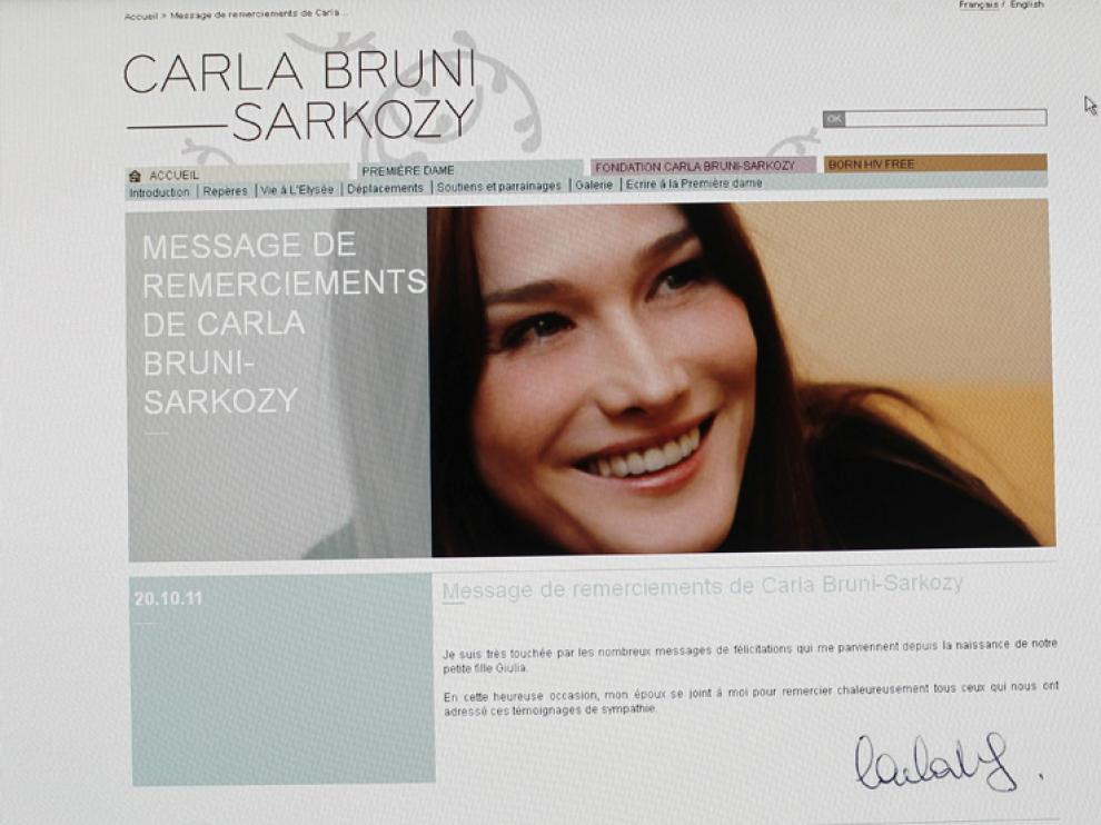 Imagen de la web de Carla Bruni donde ha anunciado el nombre de su hija