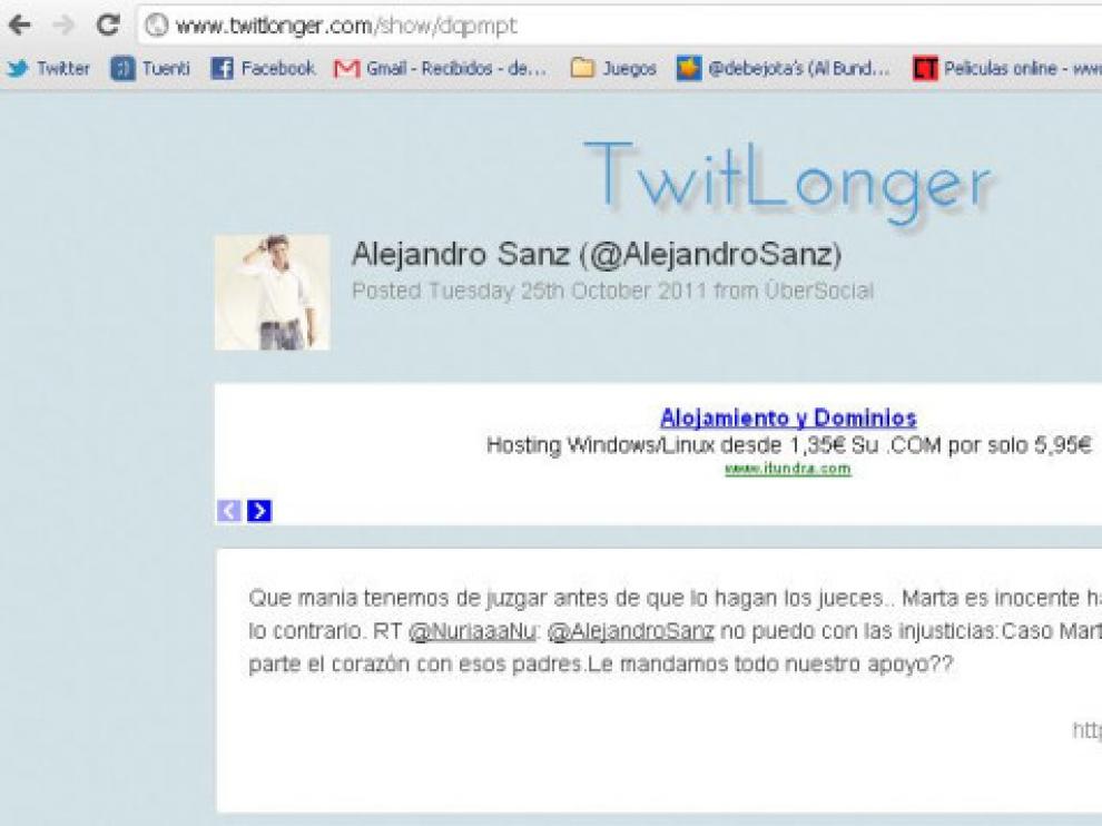 El 'tweet' de Alejandro Sanz sobre Marta del Castillo