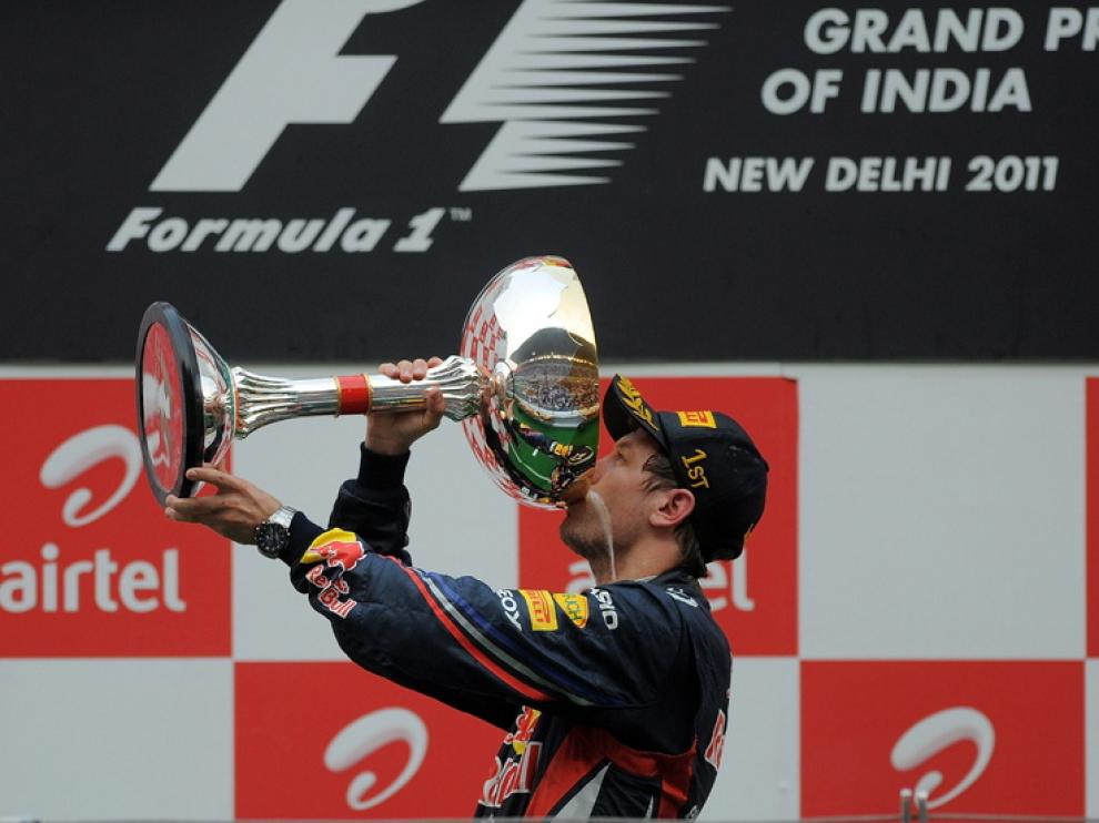 Vettel celebra la victoria en el Gran Premio de la India