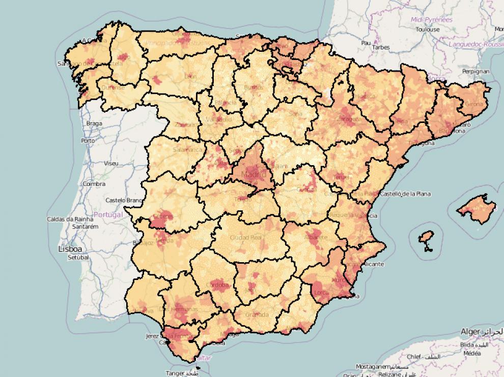 En rojo se muestran las zonas en las que se concentran los 'indignados', aunque falta Canarias