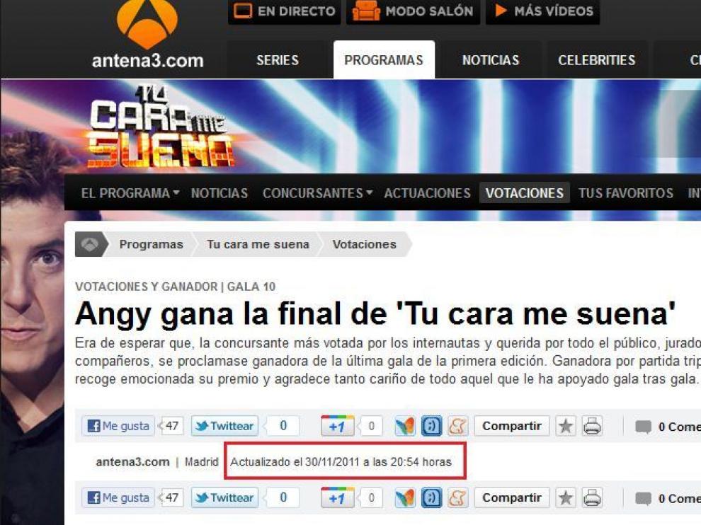 Captura de pantalla que muestra lo publicado por la web de Antena 3