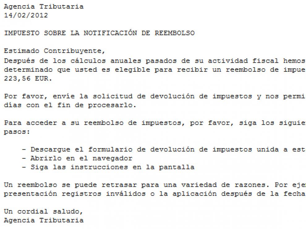 Imagen del email fraudulento