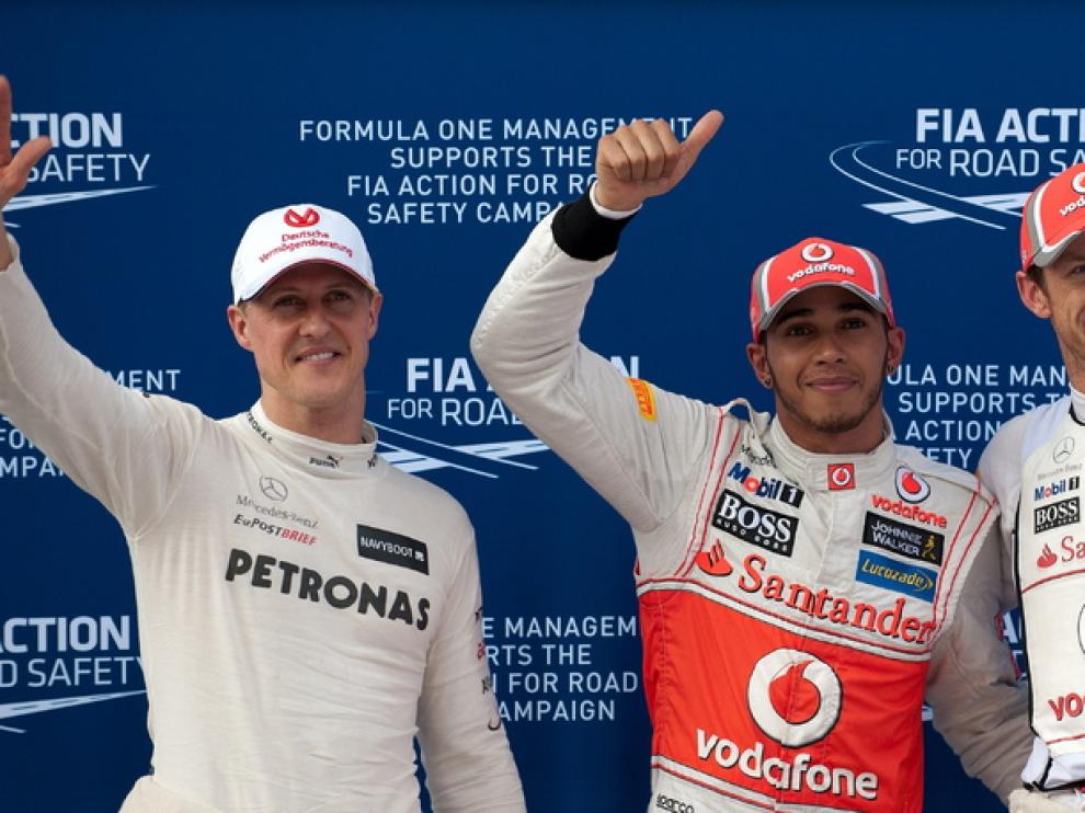 Hamilton, Button y Schumacher celebran la clasificación