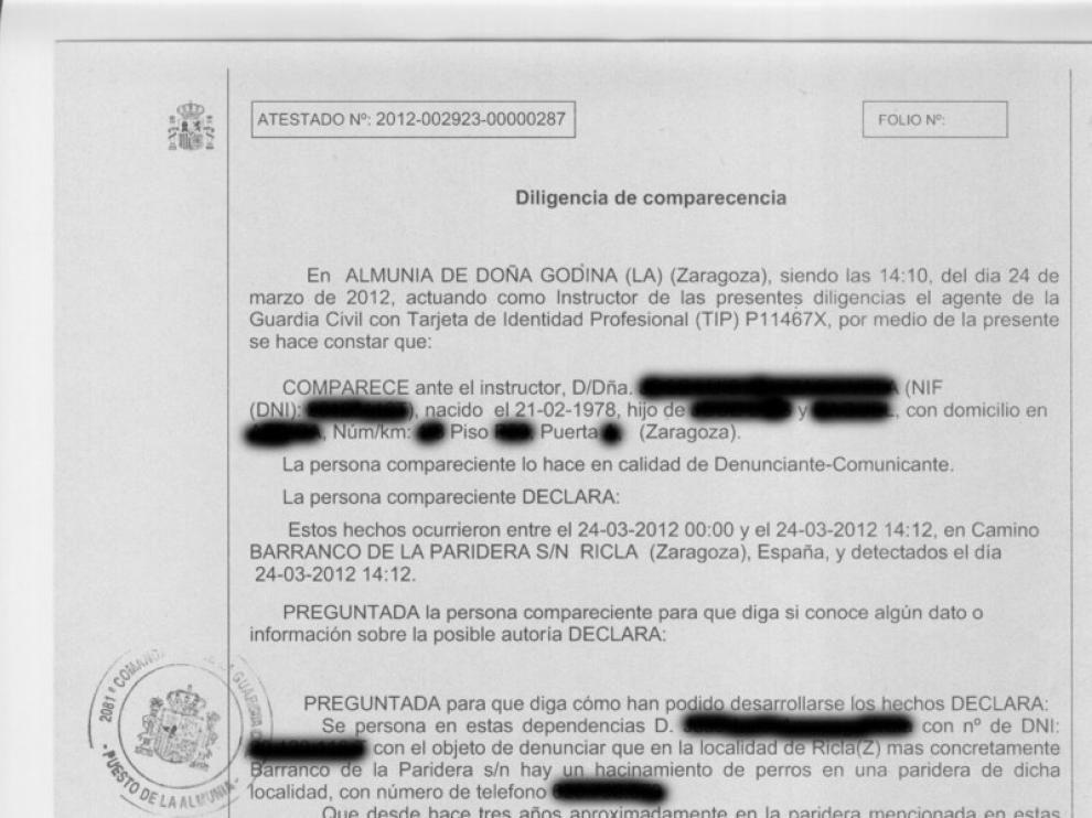 Imagen de la denuncia presentada ante el Seprona.