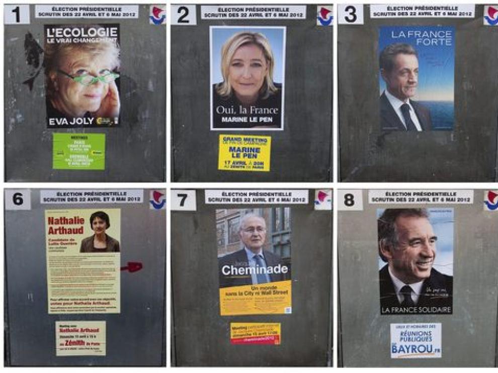 Combo de fotografías que muestra los carteles electorales de los candidatos a la presidencia de Francia.