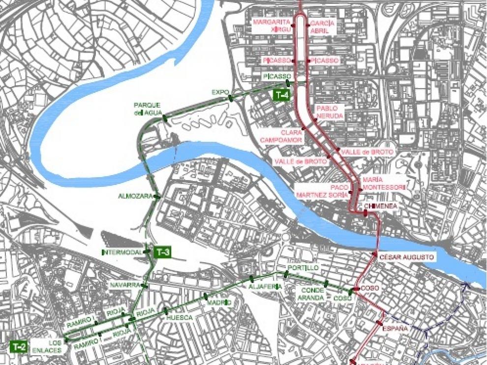 Plano de la línea II del tranvía, en verde, y el ramal de San José, en azul