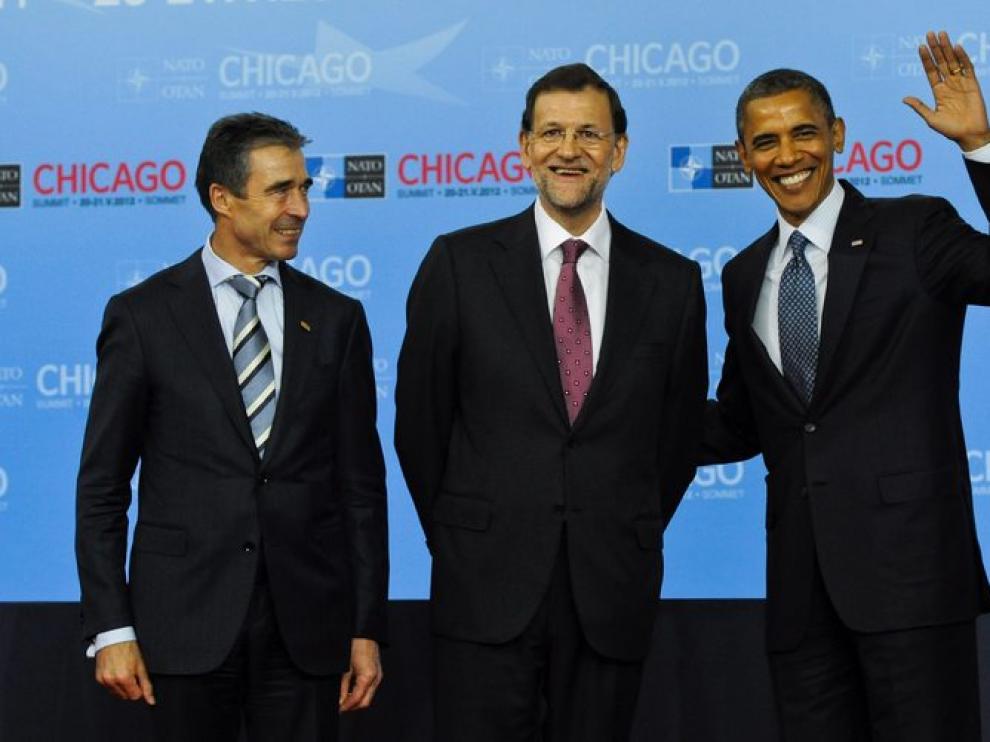 Rasmussen, Rajoy y Obama antes del inicio de la cumbre