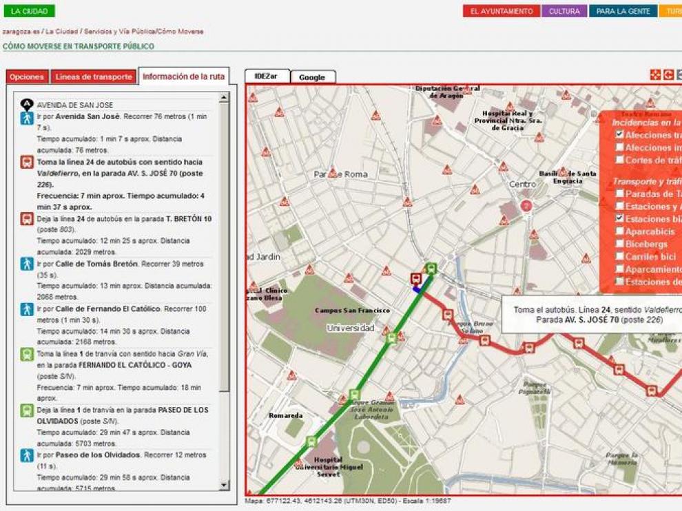 La web municipal permite planificar los desplazamientos combinando bus y tranvía
