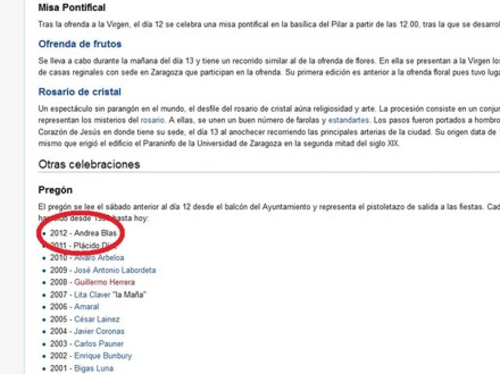 Wikipedia nombra a Blas como pregonera 2012