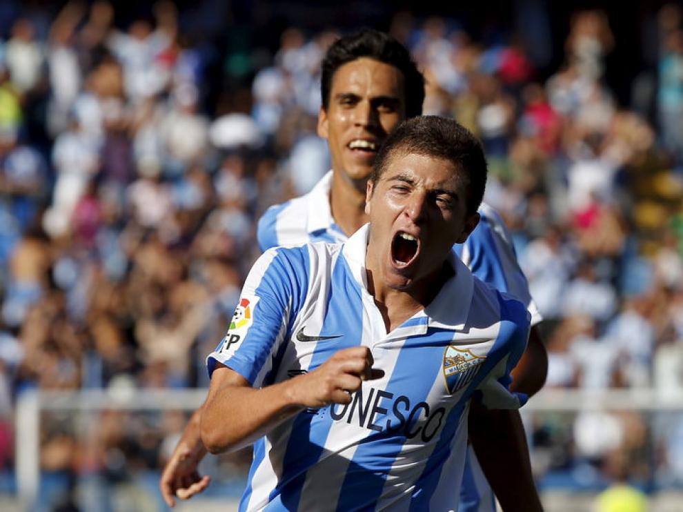 Portillo celebra el tercer gol del Málaga