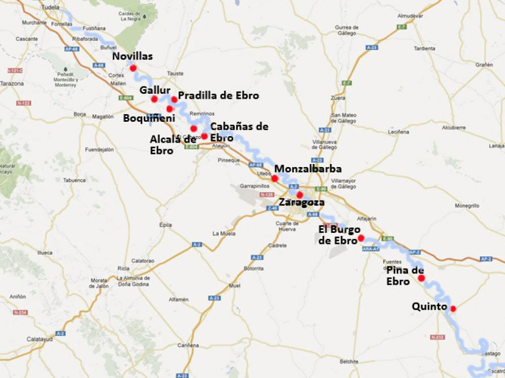 Municipios de la ribera del Ebro a su paso por la provincia de Zaragoza