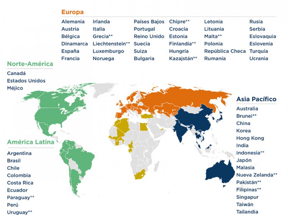 Este gráfico muestra la presencia de Coface en todo el mundo