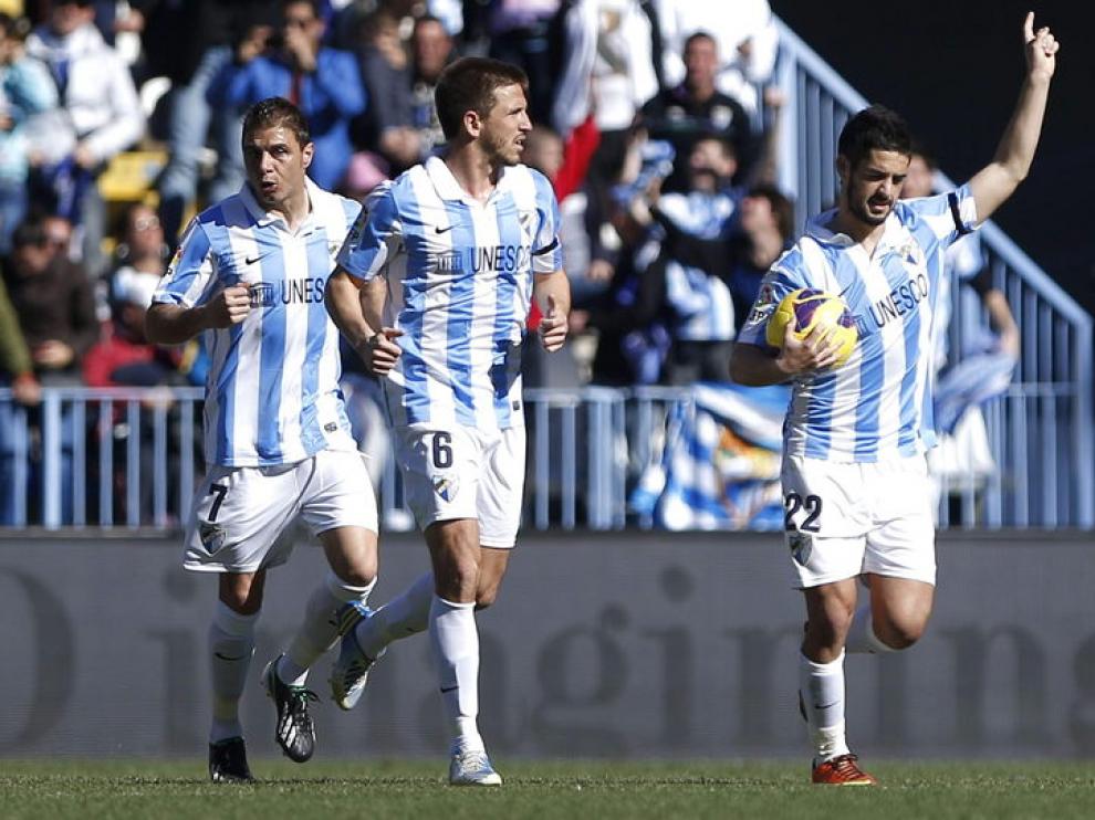 Jugadores del Málaga en el último partido ante el Real Zaragoza
