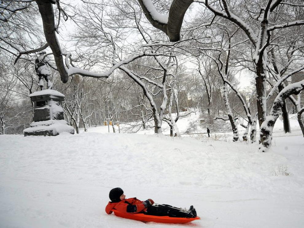 Central Park cubierto por una densa capa de nieve
