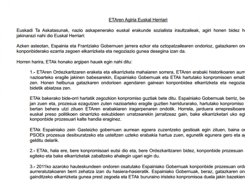 El comunicado, escrito íntegramente en euskera está fechado el 17 de marzo