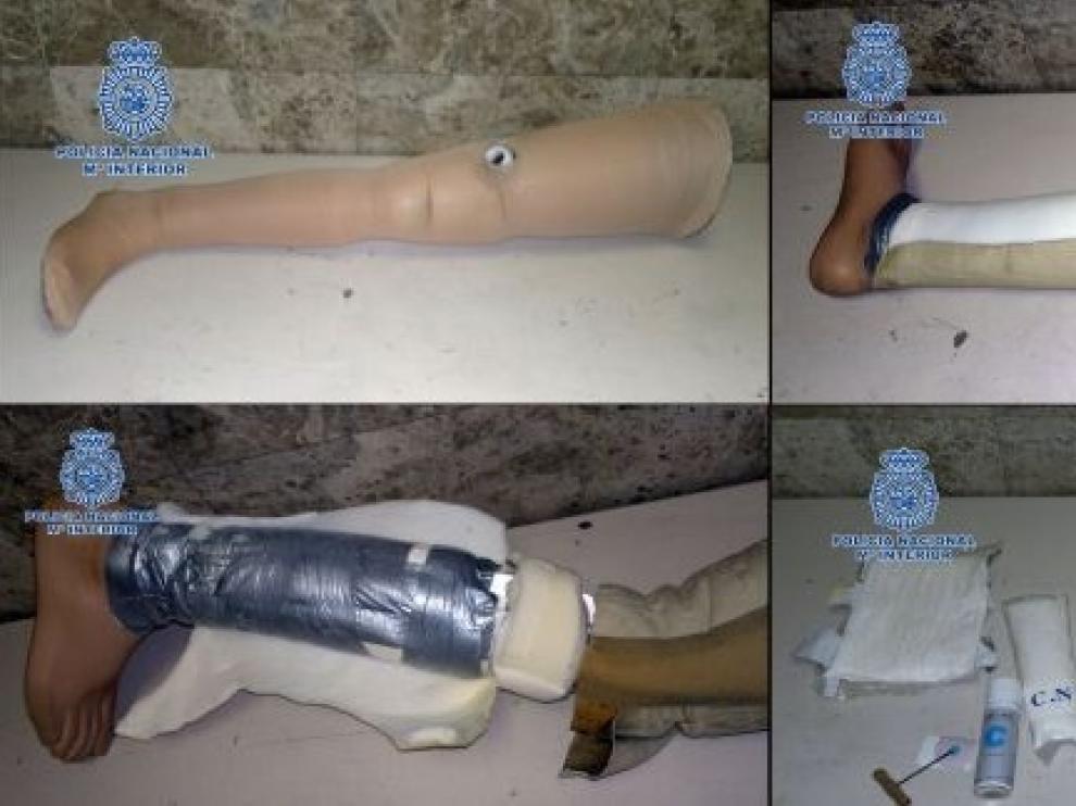 Pierna ortopédica del hombre que intentó colar un kilo de cocaína en su interior en Barajas