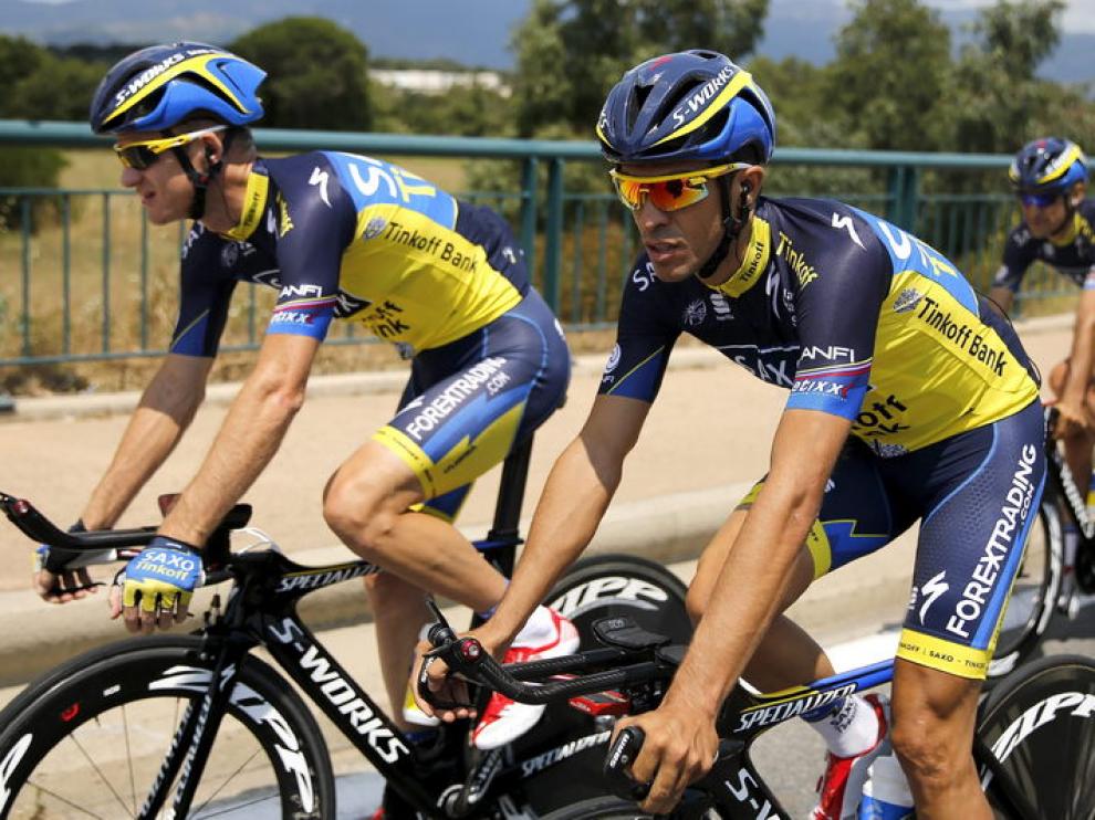 Contador, en una sesión de entrenamiento en Porto Vecchio